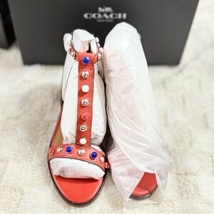 Coach Sadie Semi Matte Calf Sandal Deep Coral Colorful Studs Size 6.5M